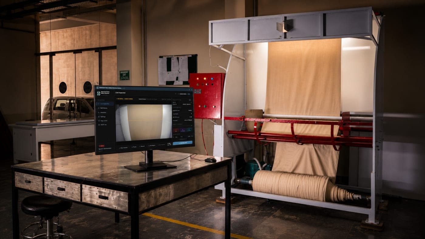 The AI-enabled fabric-defect inspection rig on the mill floor — camera and lighting over the fabric roll, operator PC alongside.