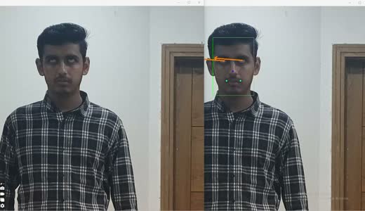 Head pose and gaze direction estimated from a webcam feed and drawn as a vector.