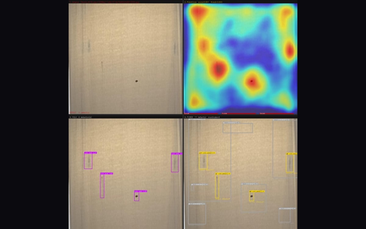 One frame, four stages: raw cloth, PatchCore anomaly heatmap, YOLO detections, fused result.