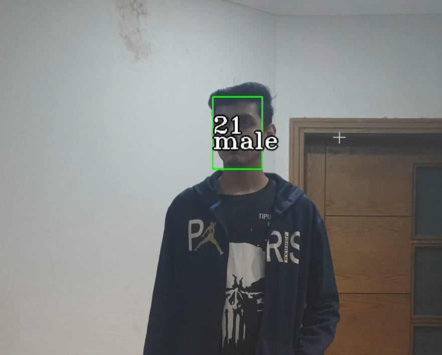 A face detected and labelled with an estimated age and gender from a single webcam frame.