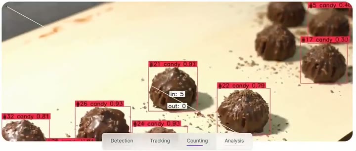 Chocolates tracked and tallied in and out of frame as they move along a conveyor.