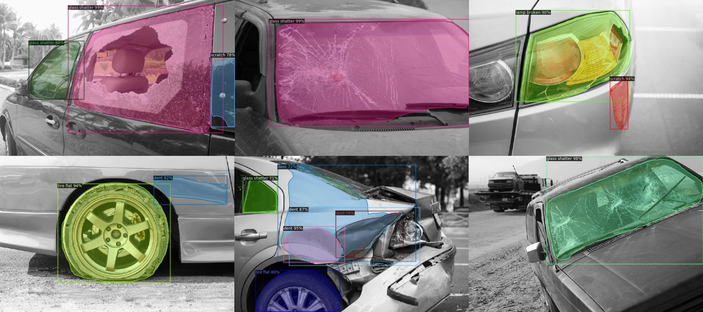 Detectron2 instance masks over a car's dented and cracked panels for insurance assessment.