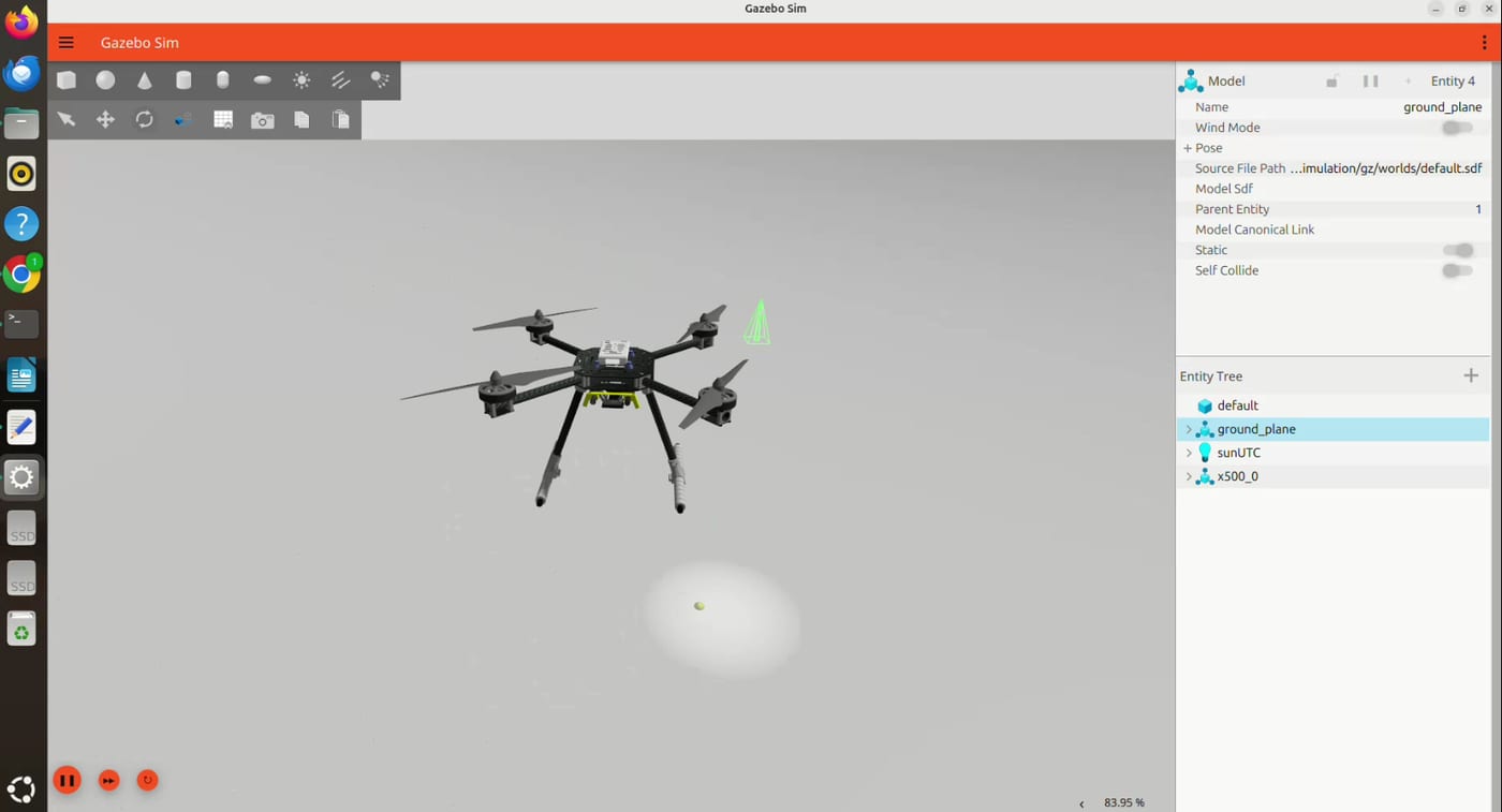 Gazebo simulation of the UAV airframe, used to validate the perception stack before flight.